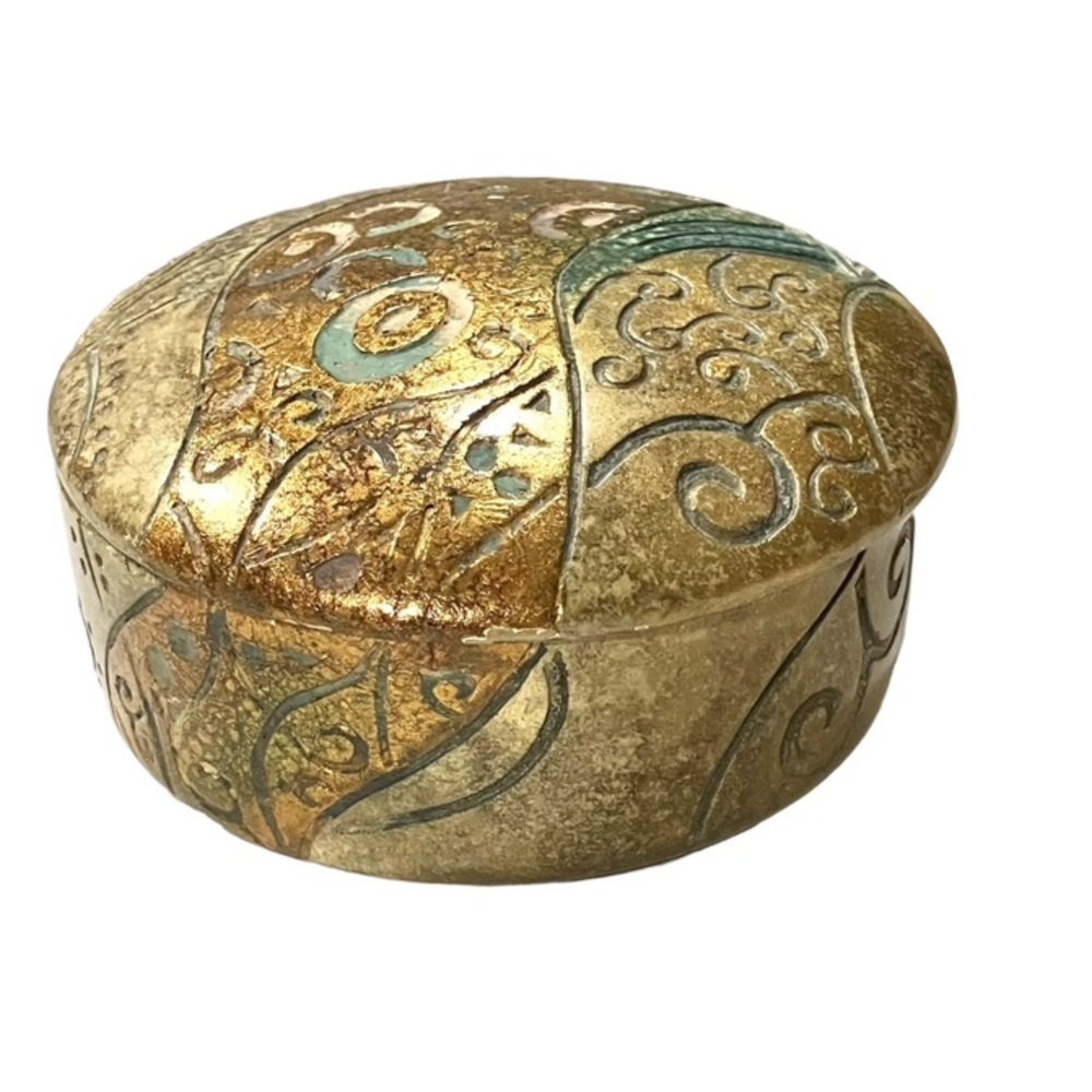 Decorative Ceramic Round Trinket Box Jar Aged Gold Green Ornate Ring Dish 5”